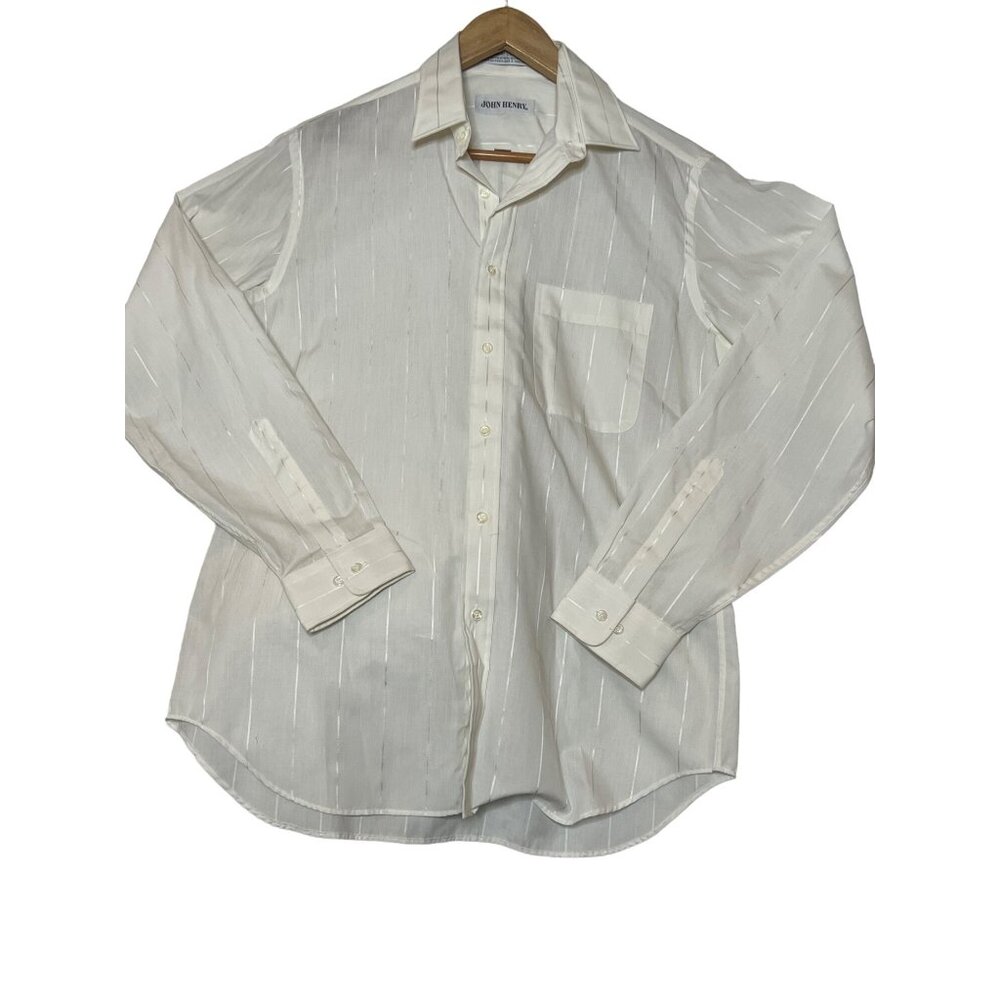 Vintage John Henry White Striped Mens Button-Up Shirt 15.5 34/35 Regular Fit